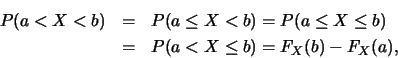 \begin{eqnarray*}
P(a<X<b) &=& P(a\leq X< b)=P(a\leq X\leq b)\\
&=& P(a< X\leq b)=F_X(b)-F_X(a),
\end{eqnarray*}