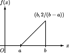 \begin{picture}(0,90)(60,10)\thicklines\put(-10,0){\vector(1,0){130}} %x
\put(0,...
...,1){50}}
\put(83.2,-3){\line(0,1){54}}
\put(60,60){$(b, 2/(b-a))$}
\end{picture}
