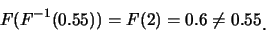 \begin{eqnarray*}
F(F^{-1}(0.55))=F(2)=0.6\neq 0.55\raisebox{-1.2mm}{.}
\end{eqnarray*}