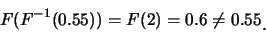 \begin{eqnarray*}
F(F^{-1}(0.55))=F(2)=0.6\neq 0.55\raisebox{-1.2mm}{.}
\end{eqnarray*}