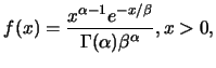 $\displaystyle f(x)=\frac {x^{\alpha-1}e^{-x/\beta}}{\Gamma(\alpha)\beta^{\alpha}},
x>0,$