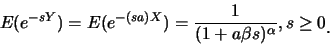 \begin{eqnarray*}
E(e^{-sY})=E(e^{-(sa)X})=\frac {1}{(1+a\beta s)^{\alpha}}, s\geq 0\raisebox{-1.2mm}{.}
\end{eqnarray*}