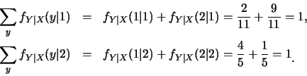 \begin{eqnarray*}
\sum_y
f_{Y\vert X}(y\vert 1)&=&f_{Y\vert X}(1\vert 1)+f_{Y\ve...
...vert X}(2\vert 2)=\frac{4}{5}+\frac{1}{5}=1\raisebox{-1.2mm}{�C}
\end{eqnarray*}
