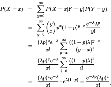 \begin{eqnarray*}
P(X=x)&=&\sum_{y=0}^\infty P(X=x\vert Y=y)P(Y=y) \\
&=&\sum_{...
...=\frac {e^{-\lambda p} (\lambda p)^{x}}{x!}\raisebox{-1.2mm}{�C}
\end{eqnarray*}