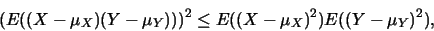 \begin{eqnarray*}
(E((X-\mu_X)(Y-\mu_Y)))^2\leq E((X-\mu_X)^2)E((Y-\mu_Y)^2),
\end{eqnarray*}