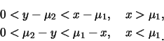\begin{eqnarray*}
&& 0<y-\mu_2<x-\mu_1,\quad x>\mu_1,\\
&& 0<\mu_2-y<\mu_1-x,\quad x<\mu_1\raisebox{-1.2mm}{�C}
\end{eqnarray*}
