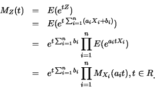 \begin{eqnarray*}
M_Z(t)&=&E(e^{tZ})\\
&=&E(e^{t\sum_{i=1}^n(a_iX_i+b_i)})\\
&...
...}^n b_i}\prod_{i=1}^n M_{X_i}(a_it), t\in R\raisebox{-1.2mm}{�C}
\end{eqnarray*}