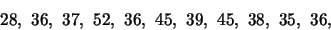 \begin{eqnarray*}
28, \ 36, \ 37, \ 52, \ 36, \ 45, \ 39, \ 45, \ 38, \ 35, \ 36,
\end{eqnarray*}