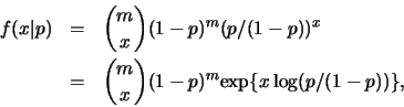 \begin{eqnarray*}
f(x\vert p) &=& {m\choose x}(1-p)^{m} (p/(1-p))^{x}\\
&=& {m\choose x} (1-p)^{m} \mbox{exp} \{ x\log (p/(1-p)) \},
\end{eqnarray*}